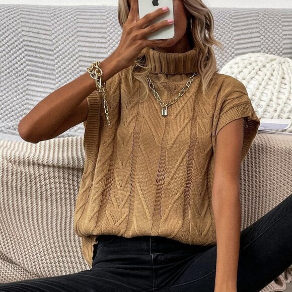 Khaki Preppy Womens Solid Turtleneck Knit Top - Picture 1 of 5